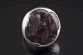 Ruby in Mica and Quartz Matrix adjustable ring in polished 925 sterling silver with textured band and waved bezel.