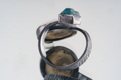 Back view of Apatite and Crystallized Shell ring showing oxidized sterling silver band and sculptural open construction.