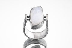 Lunar Sanctuary - Moonstone - Size 8 US - Large Brutalist Sterling Silver Ring