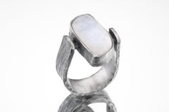 Lunar Sanctuary - Moonstone - Size 8 US - Large Brutalist Sterling Silver Ring