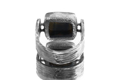 Back view of Tiger Eye Brutalist Silver Ring showing U-shaped band, oxidized texture, and sculptural silver construction.