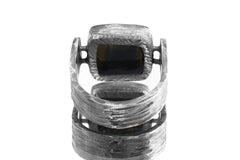 Back view of Tiger Eye Brutalist Silver Ring showing U-shaped band, oxidized texture, and sculptural silver construction.