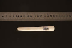 Blue Moonstone Antique Bone Tube Pendant shown beside a ruler for scale, with natural bone and sterling silver detail.
