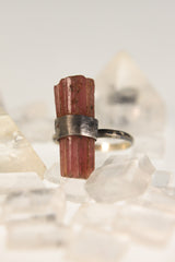 Oxidized Sterling Silver Ring: Raw Pink Tourmaline, Hammered Texture, Size 6.25