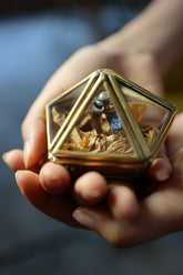 Brass Glass Ring Display Box Pentagon Jewelry Box Vintage Patina Proposal Ring Holder Geometric Keepsake Gift