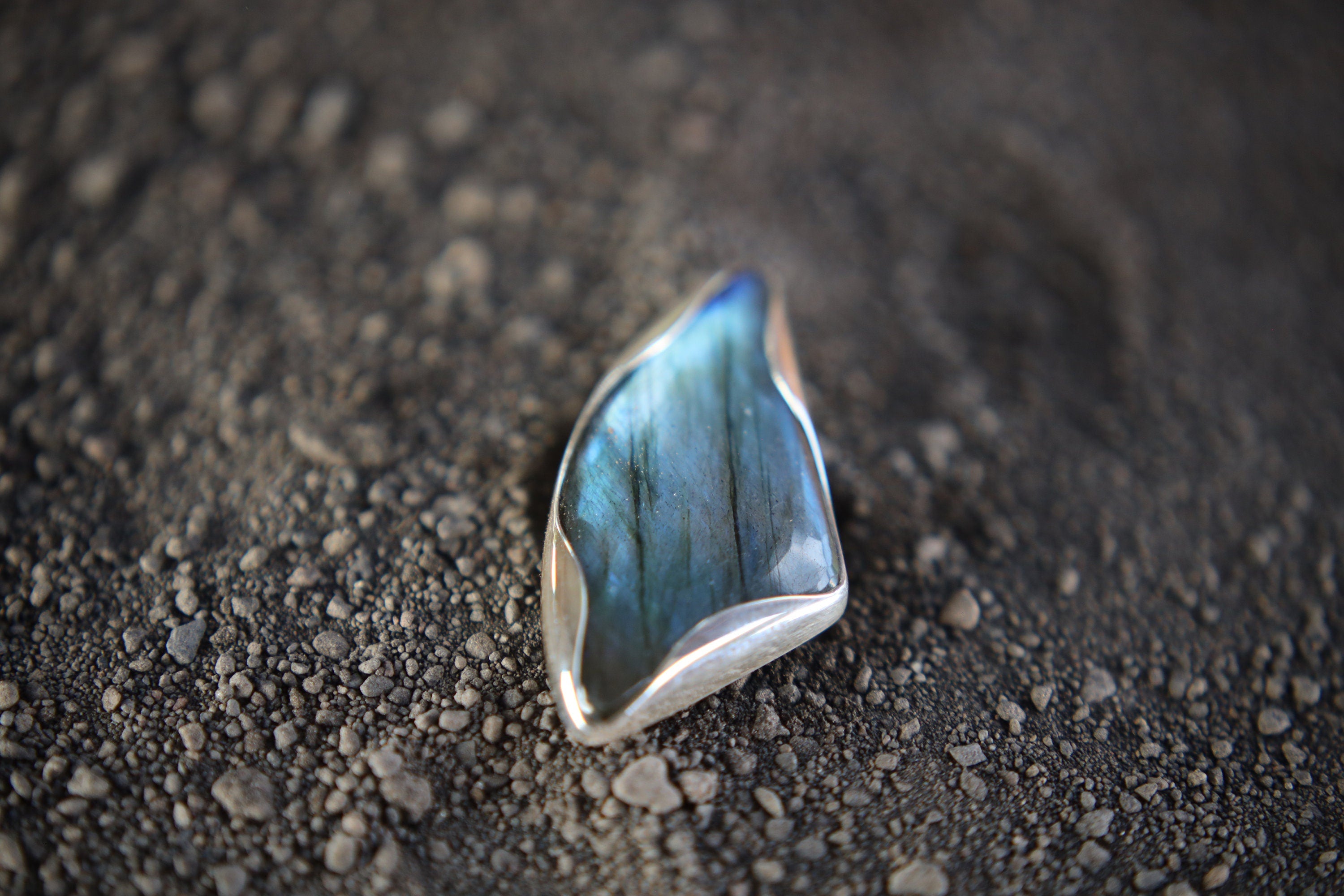 Adjustable Sterling Silver Ring: Tooth-Shaped Labradorite, Size 5-12