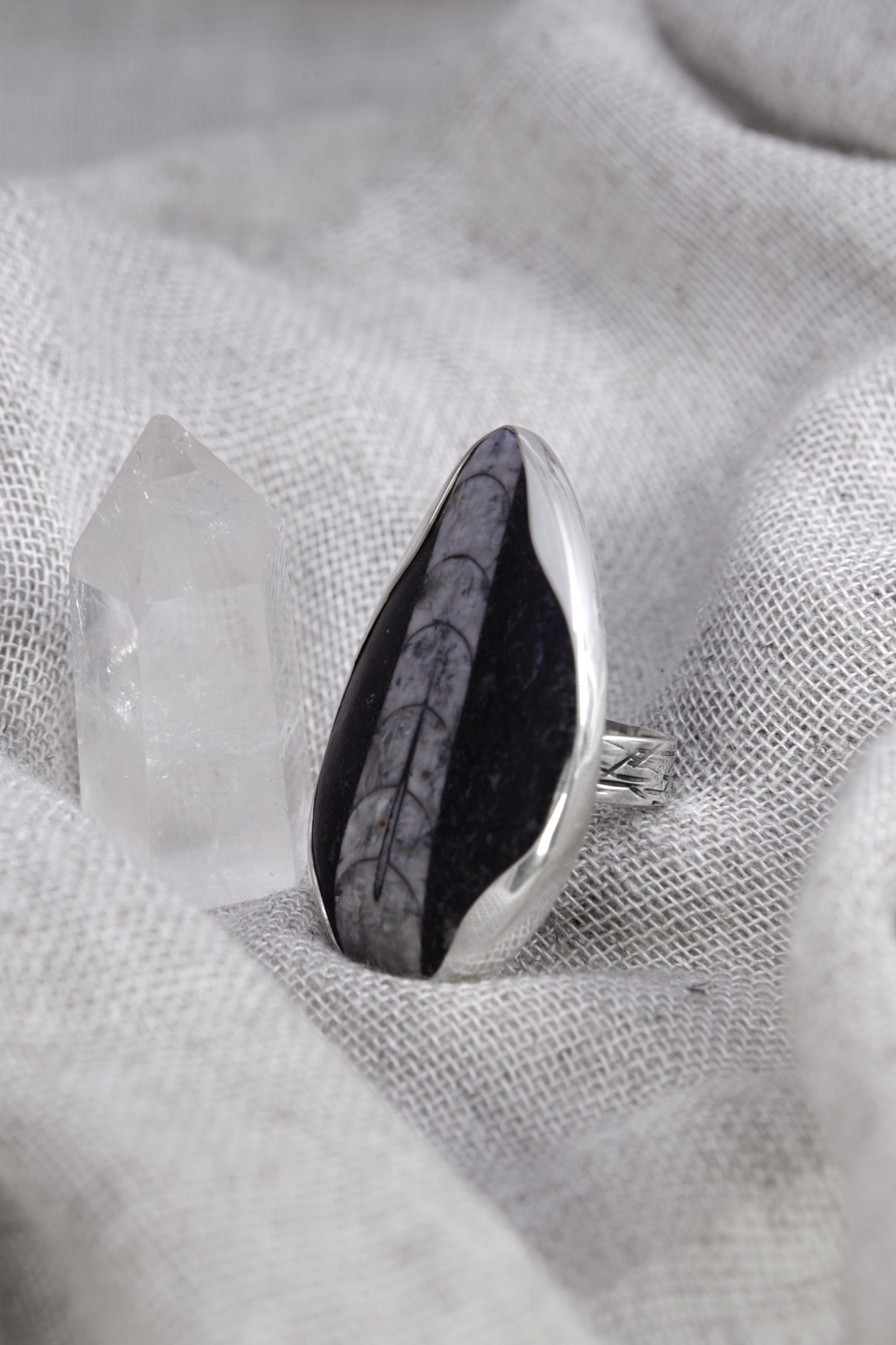 Adjustable Sterling Silver Fossil Ring: Unisex Size 5-12