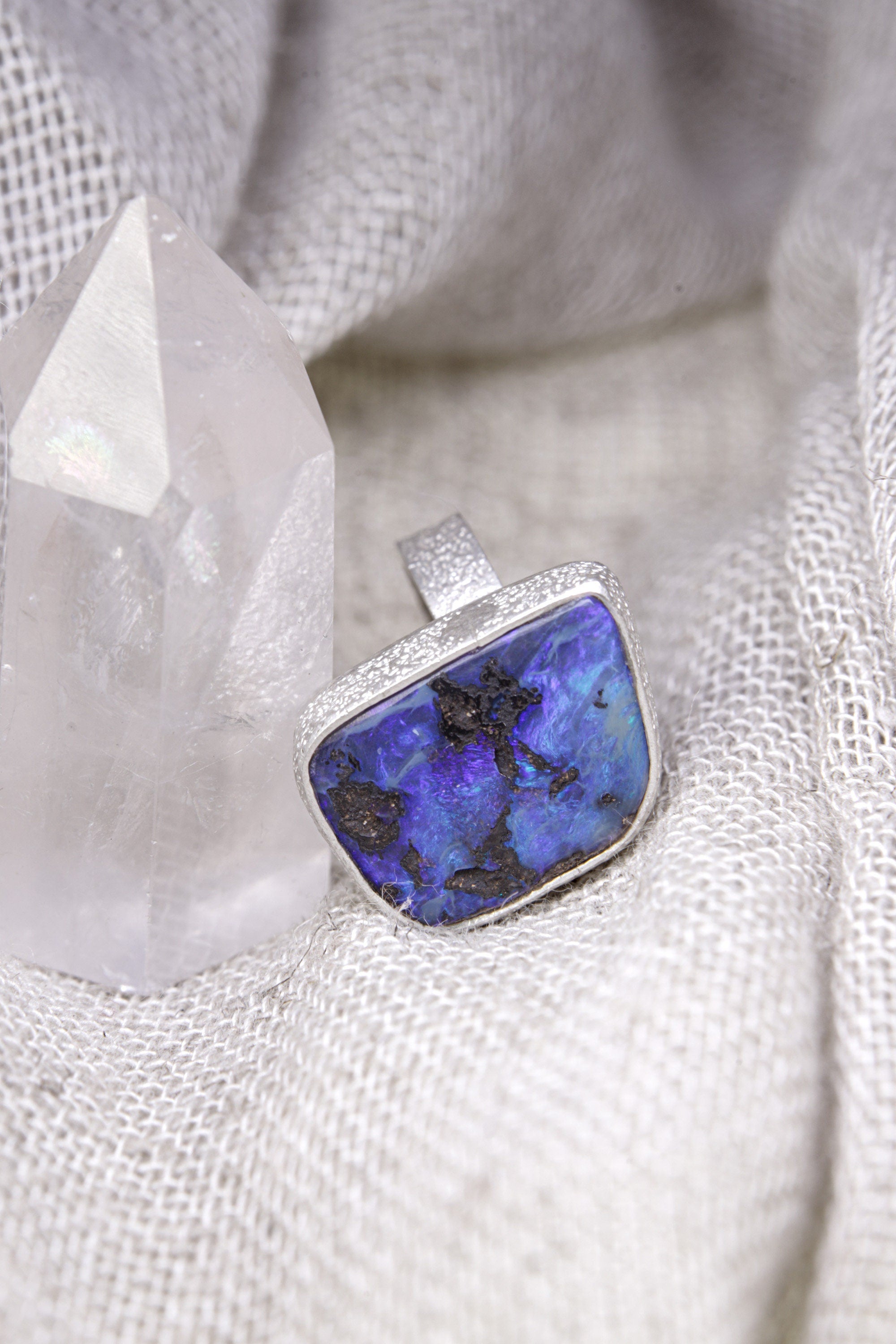 Opal Ring 925 Sterling Silver Adjustable Square Opal Ring High Shine Textured Band Crown Chakra Jewelry Gift