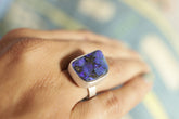 Square Opal adjustable ring in high-shine 925 sterling silver shown worn on the hand with vivid blue-purple colour play.