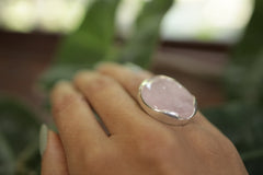 Adjustable Sterling Silver Ring: Raw Rose Quartz, Unisex (Size 5-12 US)