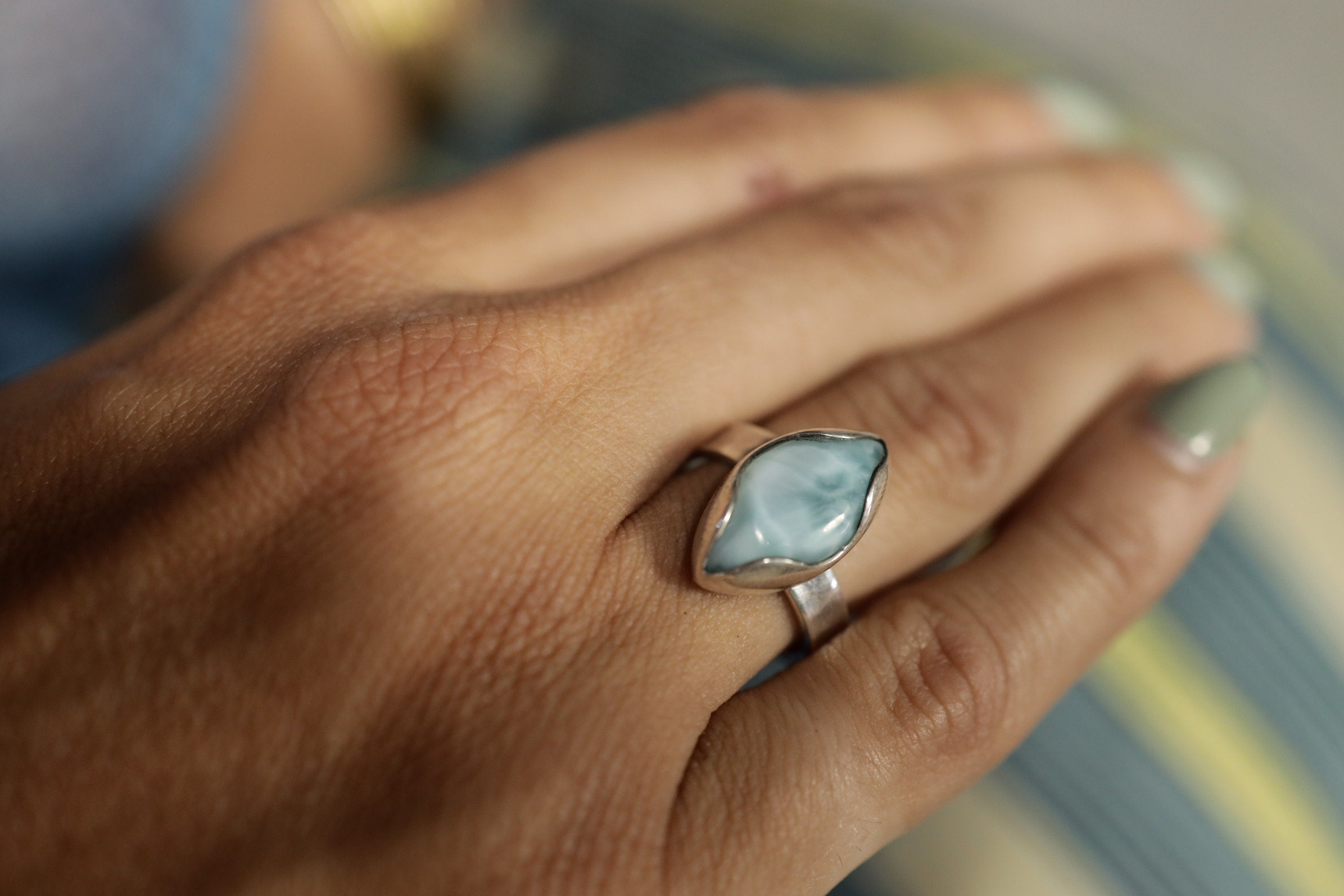 Adjustable Sterling Silver Larimar Ring: Eye-Shaped Stone, Unisex