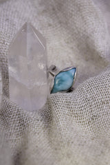 Larimar Ring 925 Sterling Silver Adjustable Eye Shape Stone Waved Bezel Throat Chakra Ocean Jewelry Gift
