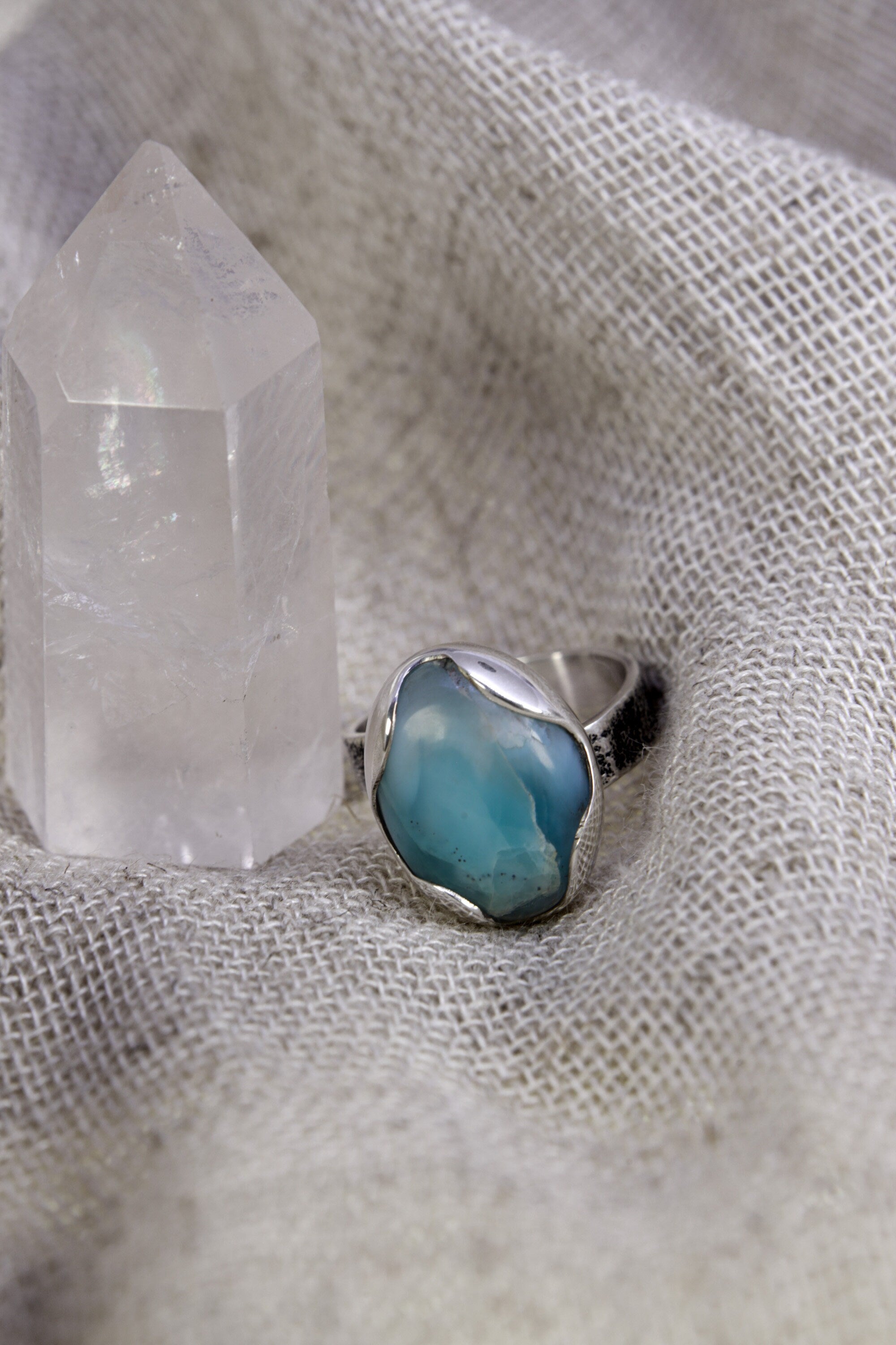 Adjustable Oval Larimar Sterling Silver Ring - Size 5-12