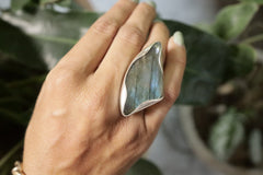 Adjustable Sterling Silver Ring: Tooth-Shaped Labradorite, Size 5-12