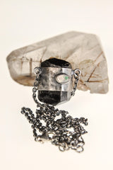 Double Terminated Tourmaline & Opal Pendant: Sterling Silver, Scorpio Cancer Zodiac