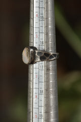 Lightning Ridge Opal sterling silver ring shown on a mandrel for size reference, appearing around US size 6 to 6.5.