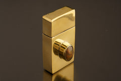 Ethiopian Opal brass keepsake box shown upright with polished cast brass body and gemstone lid detail.