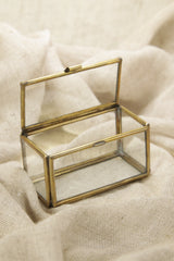 Large rectangular brass and glass jewelry display box styled on soft fabric with open lid.