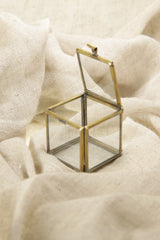 Gold-toned brass glass display box shown on soft fabric with open lid and clear square structure.