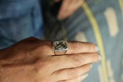 Sterling Silver Faceted Labradorite Ring: Unisex Hollow Band, Size 9