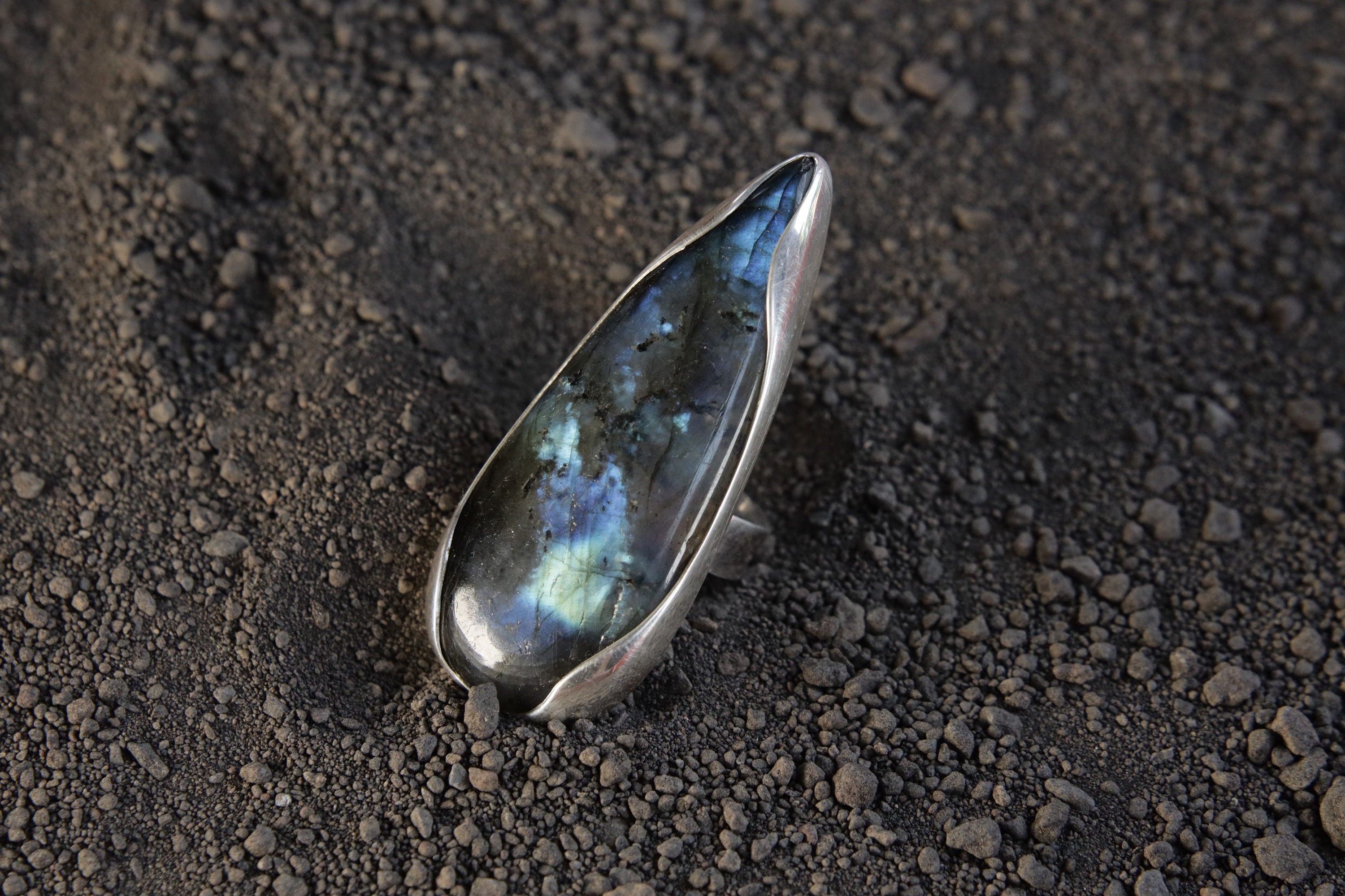 Adjustable Sterling Silver Teardrop Labradorite Ring - Size 5-12 US