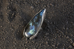 Adjustable Sterling Silver Teardrop Labradorite Ring - Size 5-12 US