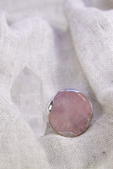 Adjustable Sterling Silver Ring: Raw Rose Quartz, Unisex (Size 5-12 US)