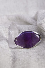 Oval Amethyst Ring 925 Sterling Silver Adjustable Waved Bezel Third Eye Crown Chakra February Birthstone Gift