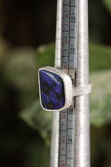Square Opal adjustable ring shown beside a ruler for scale, with high-shine 925 sterling silver band and textured finish.