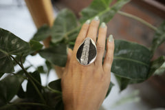 Fossil Ring 925 Sterling Silver Adjustable Textured Band Waved Bezel Root Chakra Ancient Earth Jewelry Gift