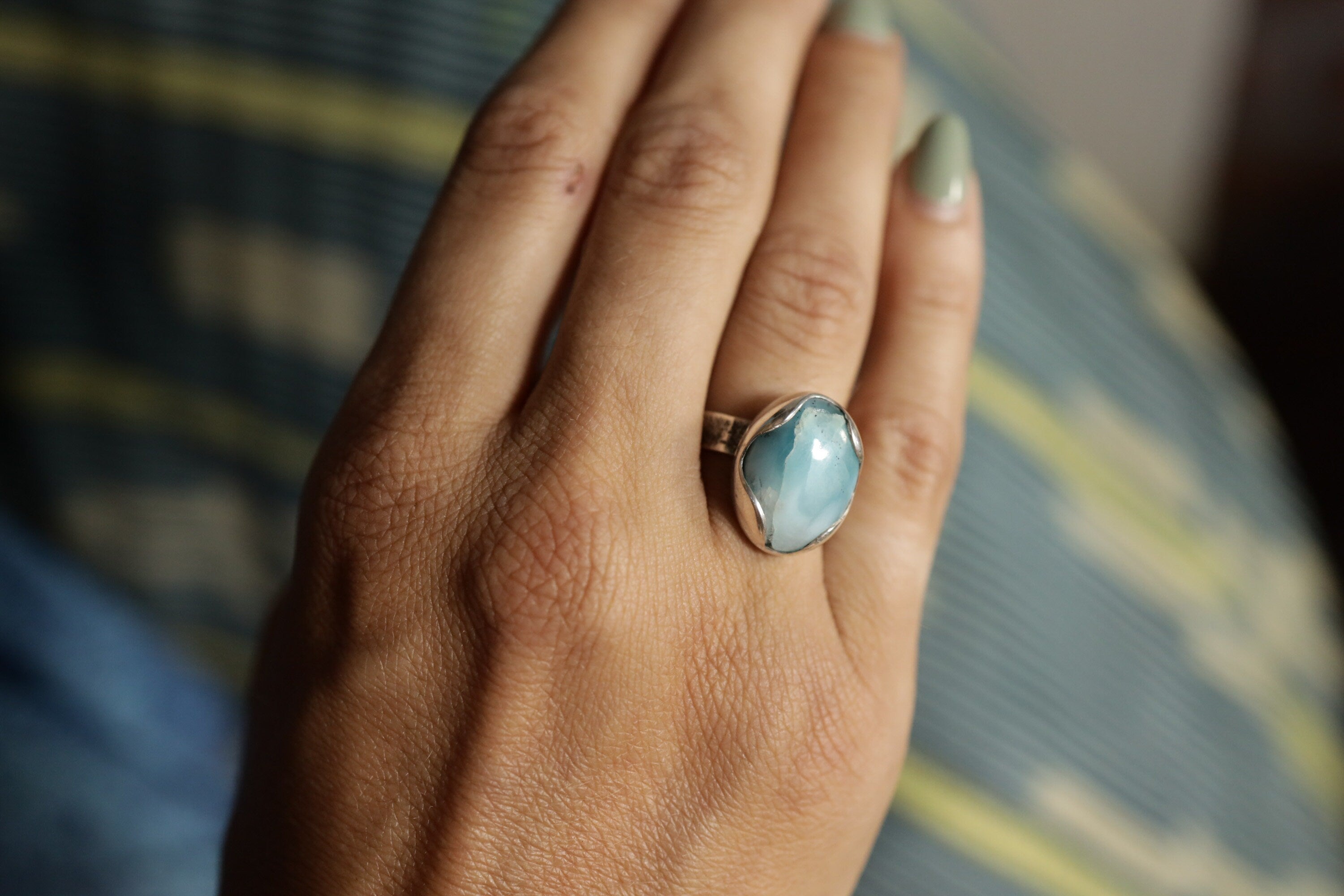 Adjustable Oval Larimar Sterling Silver Ring - Size 5-12