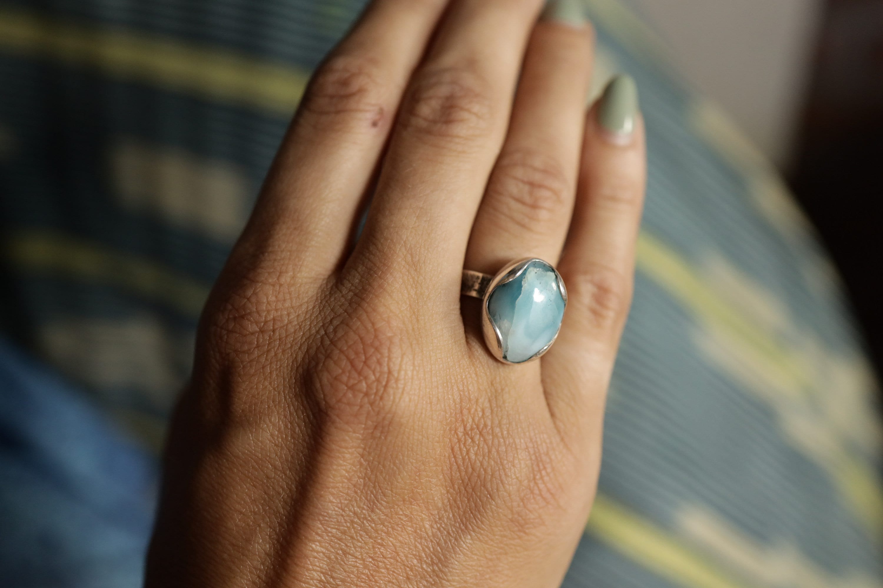 Adjustable Oval Larimar Sterling Silver Ring - Size 5-12
