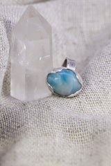 Oval Larimar Ring 925 Sterling Silver Adjustable Waved Bezel Throat Chakra Ocean Blue Jewelry Gift