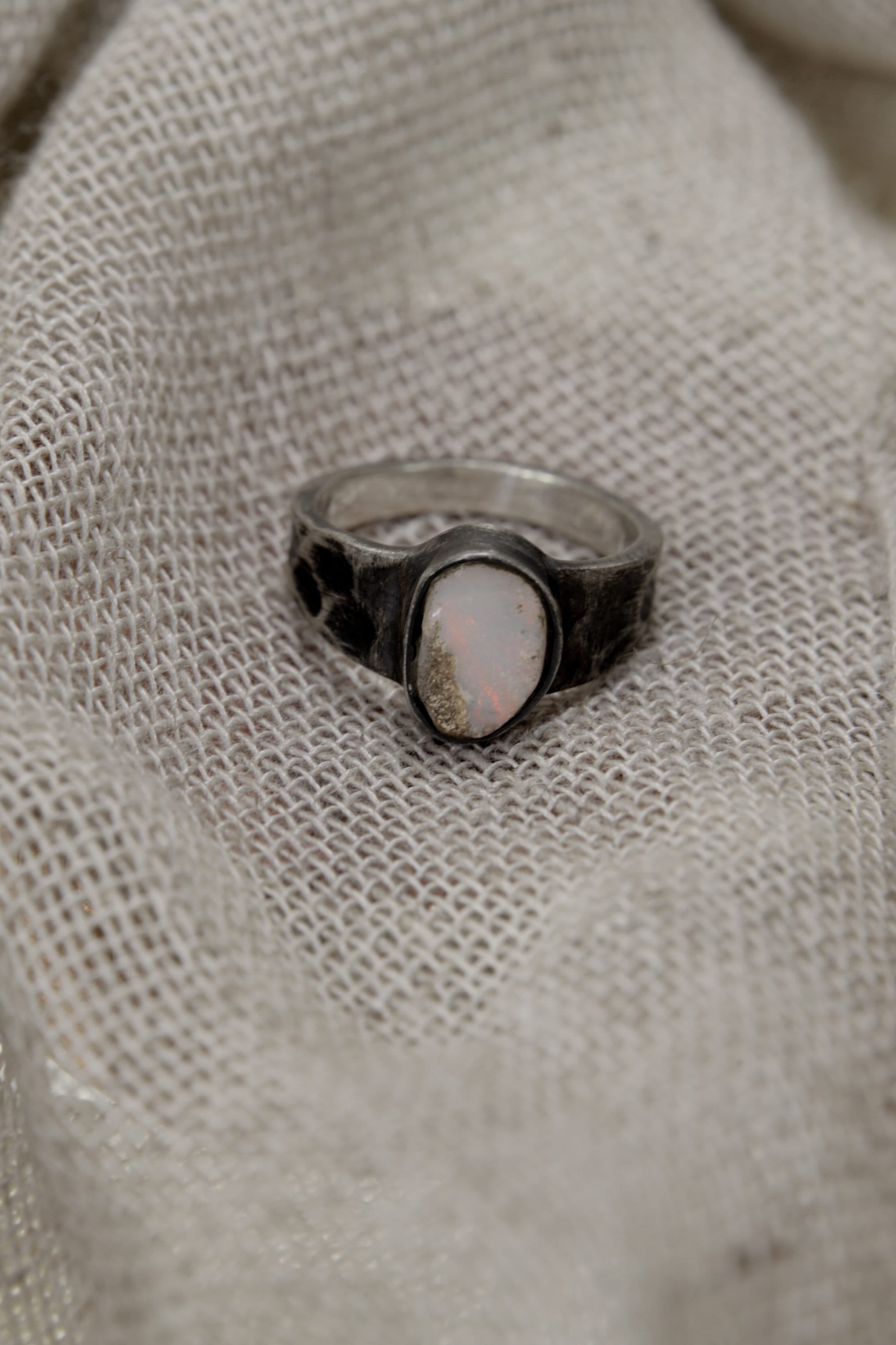 Lightning Ridge Opal Ring 925 Sterling Silver Australian Gem Opal Textured Band October Birthstone Jewelry Gift Size 6 - NO/02