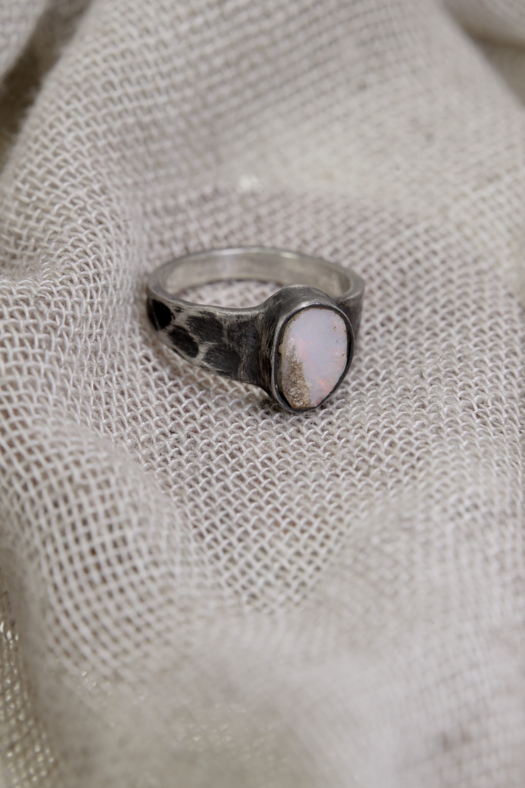 Lightning Ridge Opal Ring 925 Sterling Silver Australian Gem Opal Textured Band October Birthstone Jewelry Gift Size 6 - NO/02