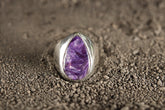 Unique Sterling Silver Ring, Light Strong Hollow Band with Charoite Cabochon, Psychedelic Crystal, Unisex Size 10 US