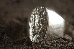 Unisex Sterling Silver Ring Size 10 US Features a Raw Pyrite Cabochon in Hollow Boho Style Design with a Rugged Crystal Appeal