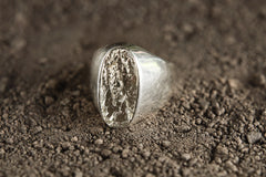 Unisex Sterling Silver Ring Size 10 US Features a Raw Pyrite Cabochon in Hollow Boho Style Design with a Rugged Crystal Appeal