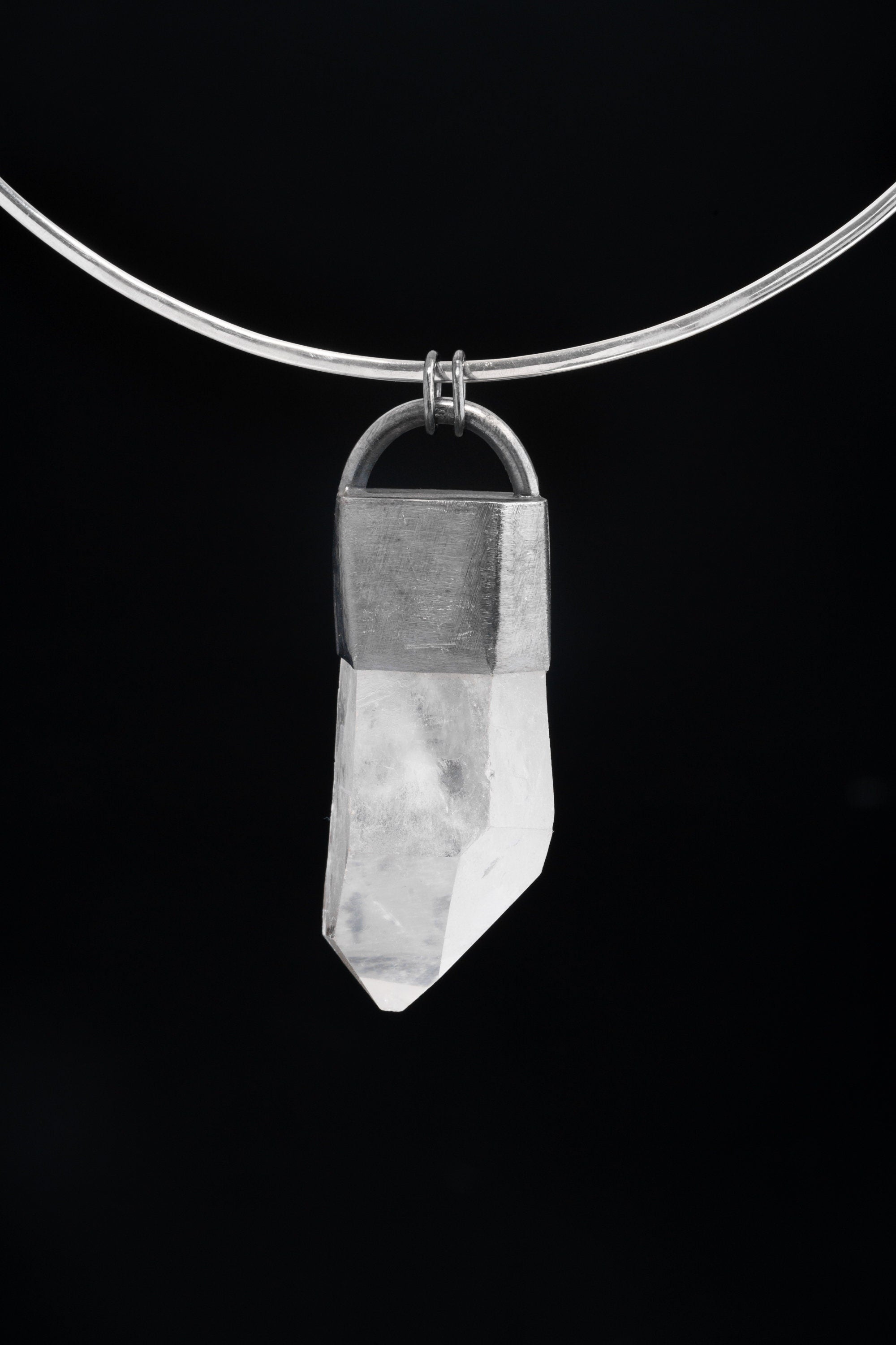 Himalayan A Grade Quartz Halo Clear Quartz Pendant - Oxidized Finish & Brush Textured - Industrial Chunky