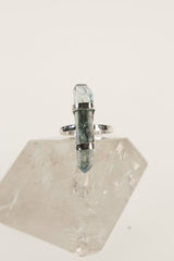 Silver Wrapped Double Terminated Aqua Aura Lemurian Quartz Generator Ring in Sterling Silver, Hammered Shiny Chic Jewelry, Size 5