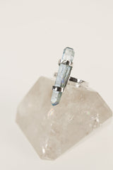 Silver Wrapped Double Terminated Aqua Aura Lemurian Quartz Generator Ring in Sterling Silver, Hammered Shiny Chic Jewelry, Size 5