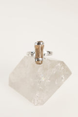 Silver Wrapped Natural Amber Fossil Ring, Hammered & Shiny Finish, Sterling Silver, Size 9 3/4 US, Ancient Wisdom, Fossilized Tree Zap