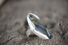 Tooth Labradorite Ring 925 Sterling Silver Adjustable Waved Bezel Third Eye Chakra Protection Gift