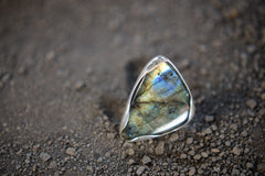 Adjustable Sterling Silver Labradorite Ring: Mystic Triangle Stone, Size 5-10