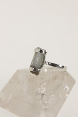 Side view of raw Australian Aquamarine ring showing handmade sterling silver setting and natural crystal texture.