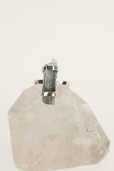 Front view of high grade Himalayan Aquamarine ring showing cool blue beryl tone and handmade oxidized silver setting.
