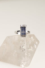 Front view of Australian Ocean Kyanite ring showing blue mineral depth, pearly lustre, and handmade silver setting.