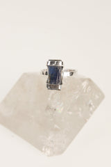 Front view of raw Australian Ocean Kyanite ring showing blue blade-like crystal texture and handmade silver setting.