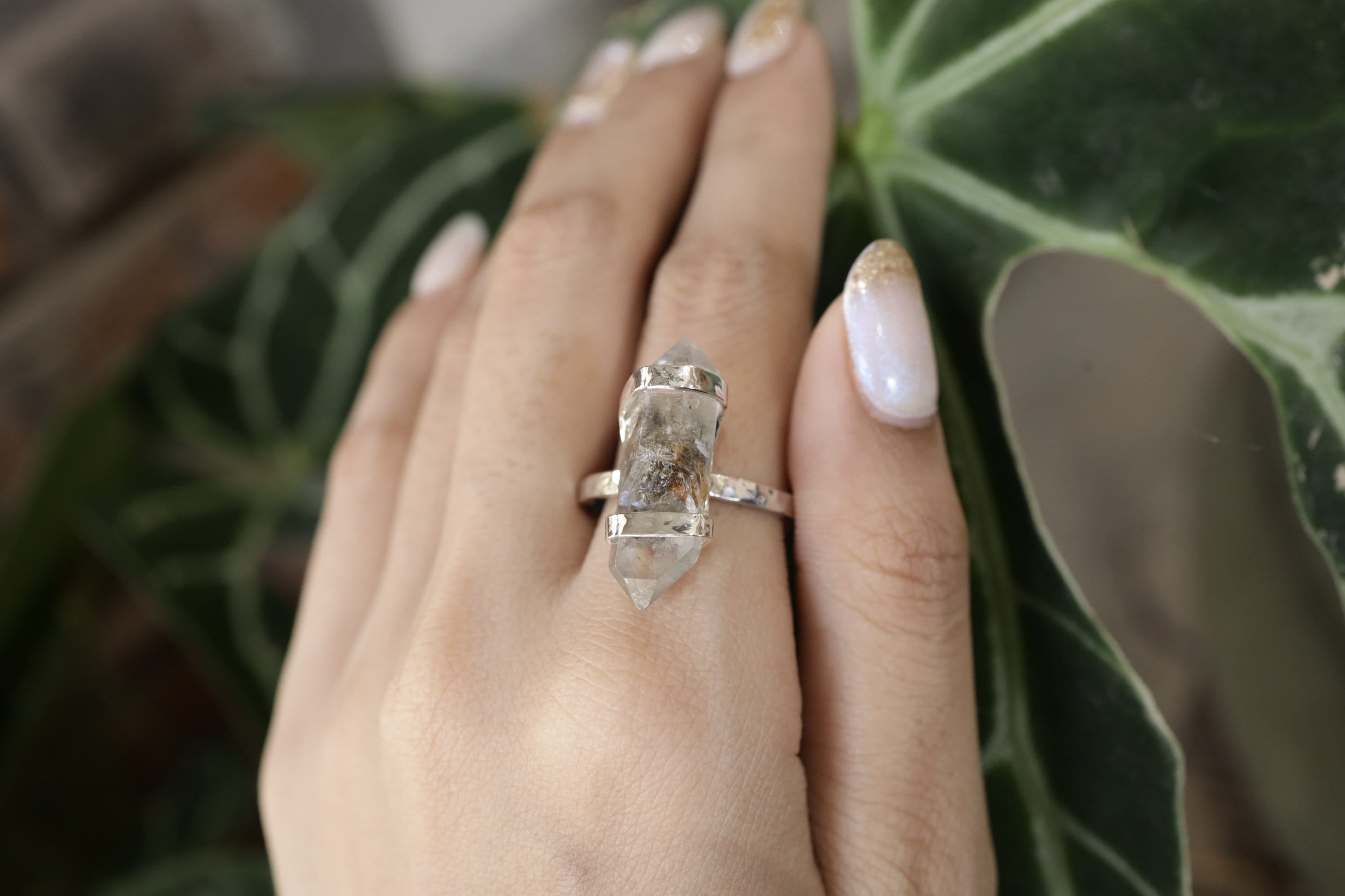 Tibetan Quartz Inclusion Ring: Hammered Sterling Silver, Size 9.5