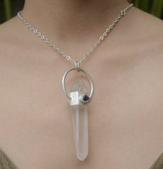 Sterling Silver Sand-Textured Crystal Pendant with Australian Lemurian Quartz and Sapphire